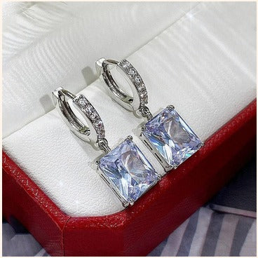 Elegant Square-Cut Silver Drop Earrings – Imitation Diamond Shine