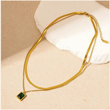 Dual Layer Gold Necklace with Emerald Green Pendant – Imitation Jewelry