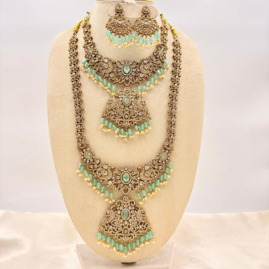 Premium Bridal Kundan Necklace Set with Mint Green Beads & Vaddanam (Complete Wedding Set)