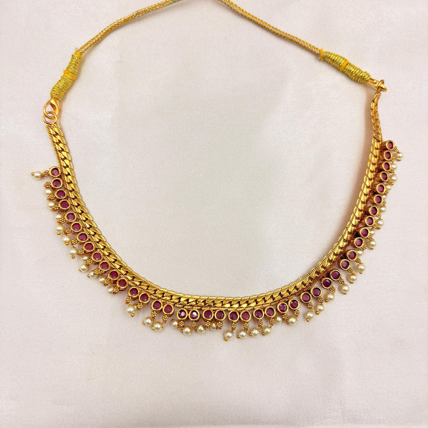 Antique Gold Ruby Kundan Choker Necklace Set with Pearl Drops