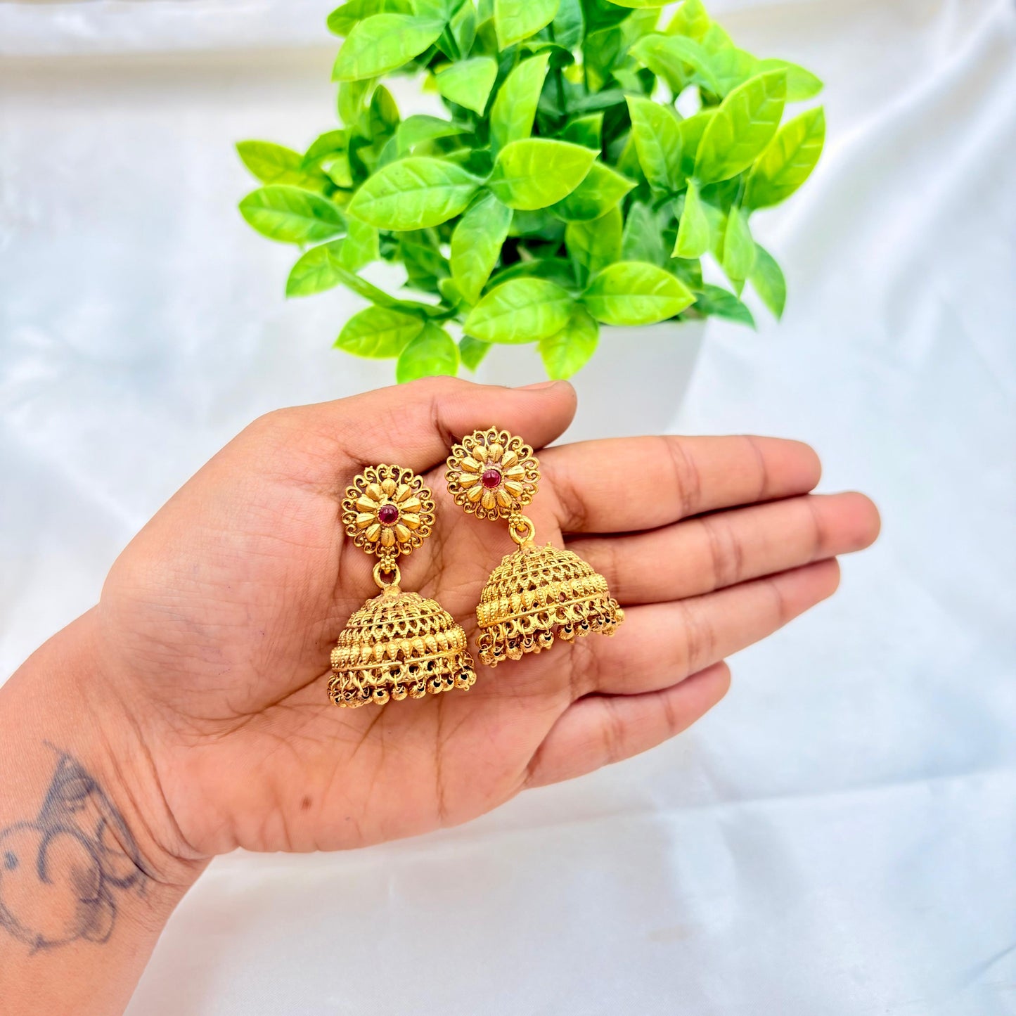 Classic Floral Gold Jhumka Earrings with Ruby Center Stone