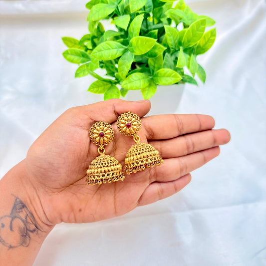 Classic Floral Gold Jhumka Earrings with Ruby Center Stone