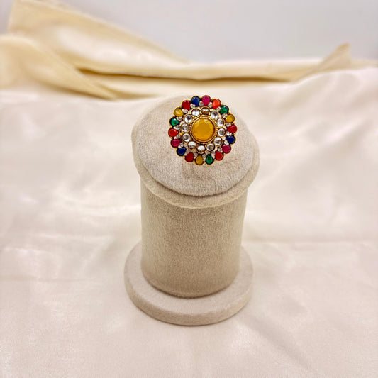 Antique Multicolour Kundan Adjustable Finger Ring