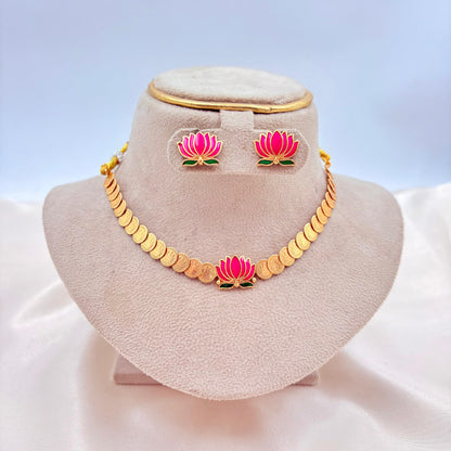 Pink Lotus Design Temple Necklace Set – Traditional Gold Finish Jewellery