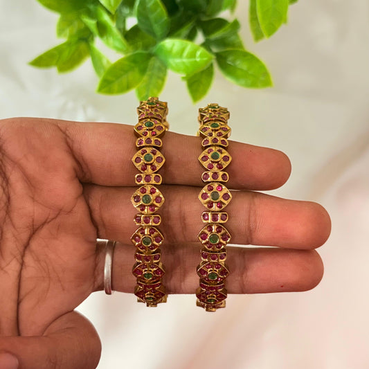 Antique Gold-Plated Ruby & Green Stone Bangles – Traditional South Indian Design (Set of 2)
