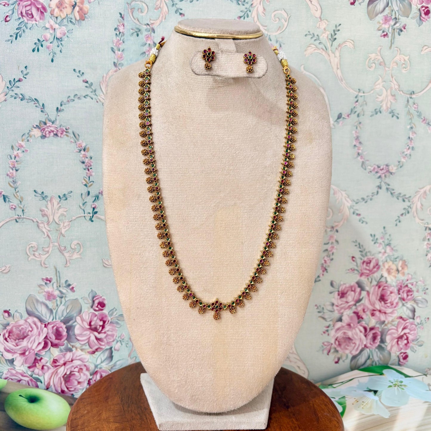 Traditional Ruby & Green Stone Long Haram Necklace Set with Floral Stud Earrings