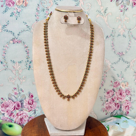 Traditional Ruby & Green Stone Long Haram Necklace Set with Floral Stud Earrings