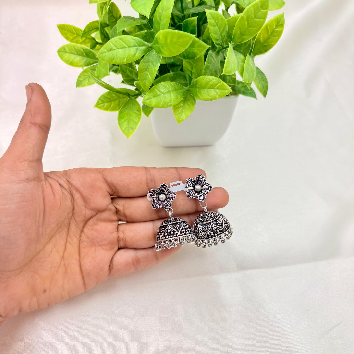 Oxidised Silver Floral Stud Jhumka Earrings