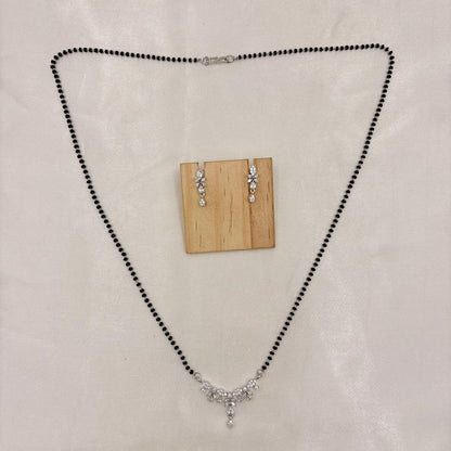 Silver Finish CZ Leaf Drop Mangalsutra with Matching Earrings
