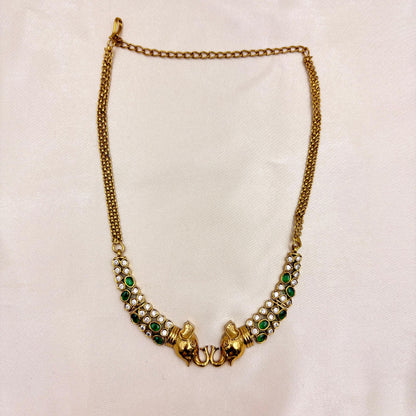 Elephant Motif Necklace Set with Green Stones – Gold Finish