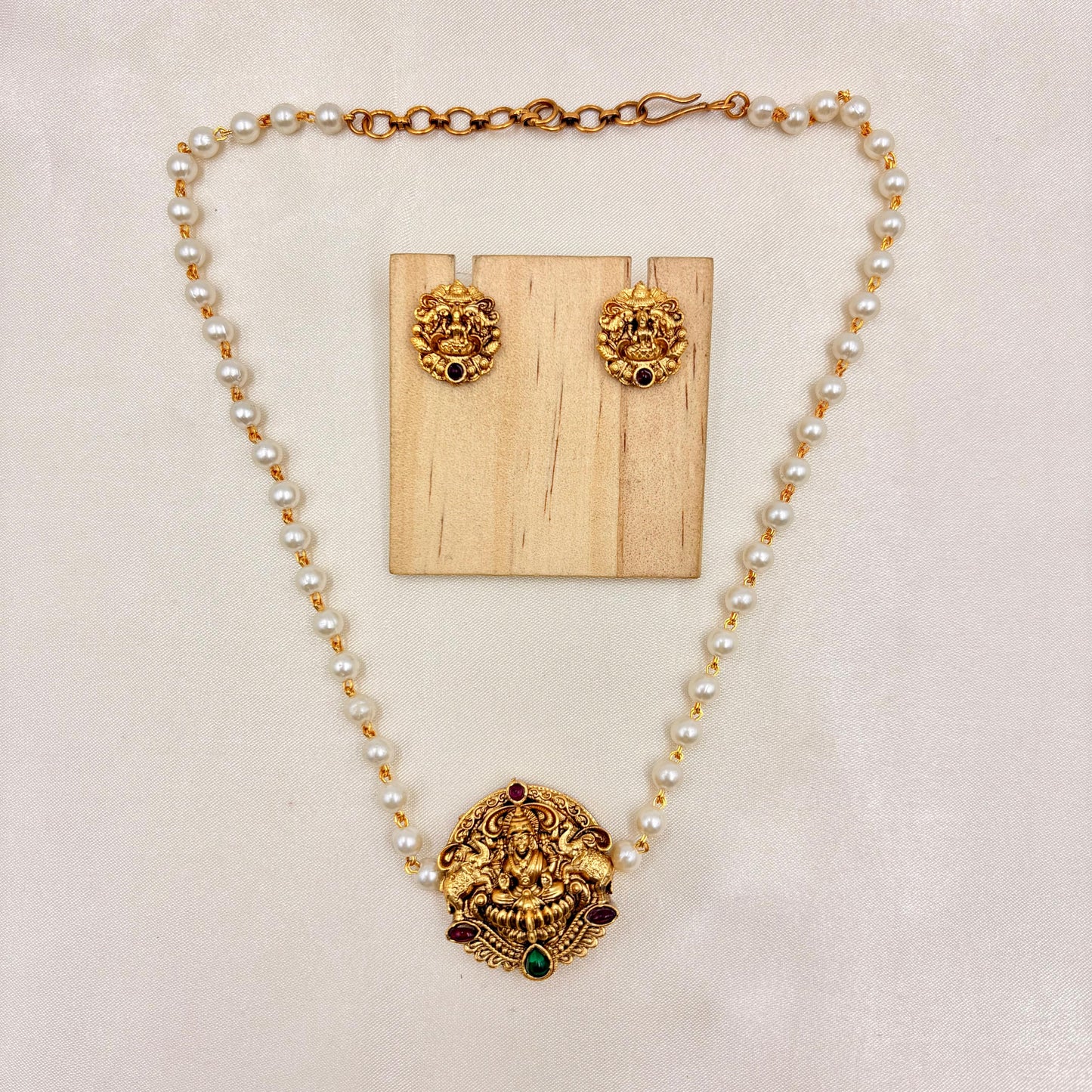 Temple Lakshmi Pearl Necklace Set with Antique Gold Finish