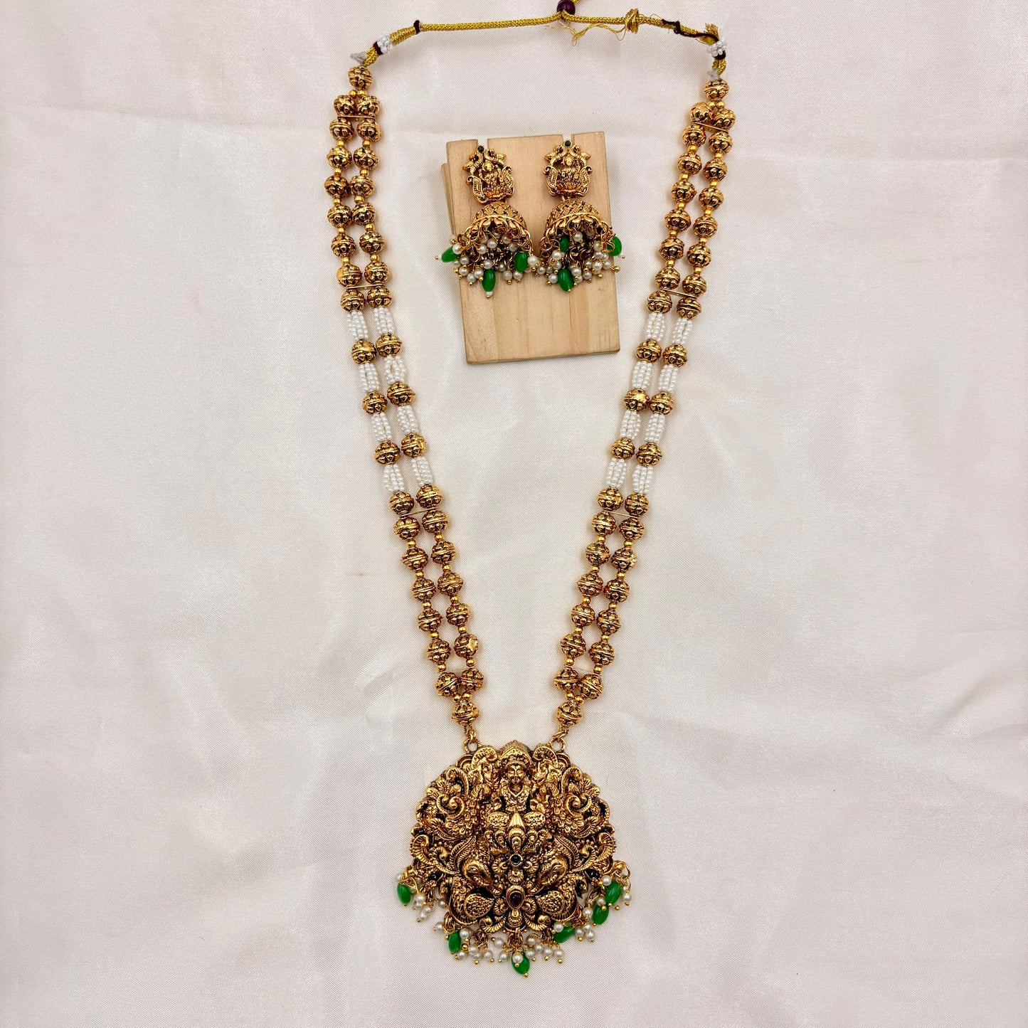 Antique Temple Haaram with Lakshmi Pendant & Jhumka Earrings | Gold Ball & Pearl Mala Design