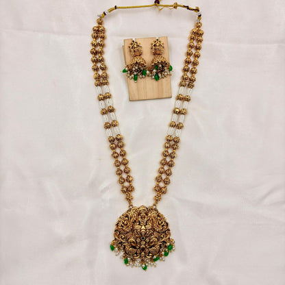 Antique Temple Haaram with Lakshmi Pendant & Jhumka Earrings | Gold Ball & Pearl Mala Design