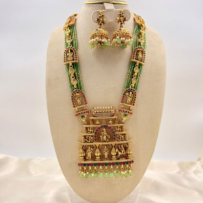 Grand Temple Jewellery Green Beads Haaram with Ram Darbar Pendant & Jhumka Earrings | Antique Gold Finish