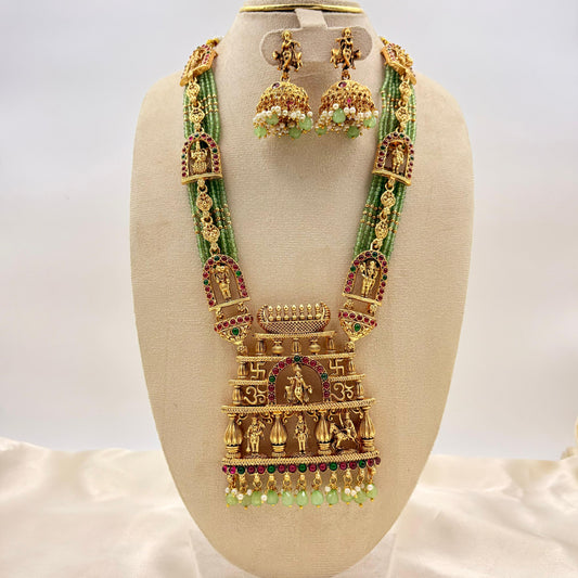 Grand Temple Jewellery Green Beads Haaram with Ram Darbar Pendant & Jhumka Earrings | Antique Gold Finish