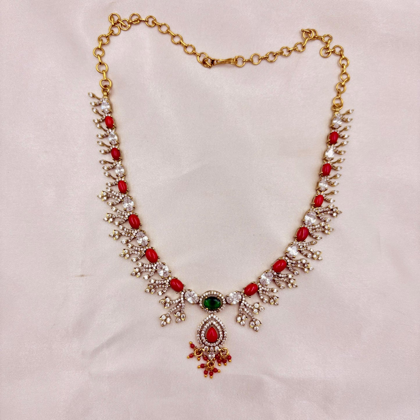Red & Green Stone AD Necklace Set with Earrings | Sparkling Party Wear Jewellery