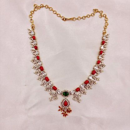 Red & Green Stone AD Necklace Set with Earrings | Sparkling Party Wear Jewellery