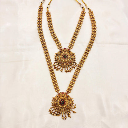 Royal Double Layer Antique Gold Haram with Circular Temple Pendants