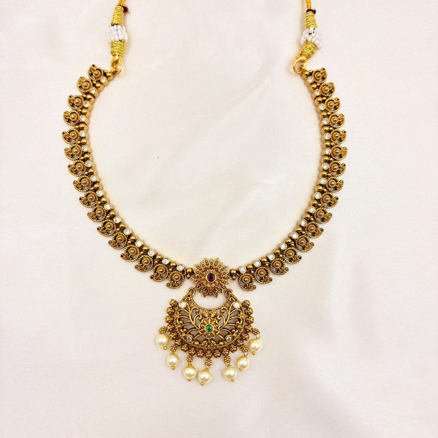 Antique Gold Finish Temple Necklace Set with Pearl Drops