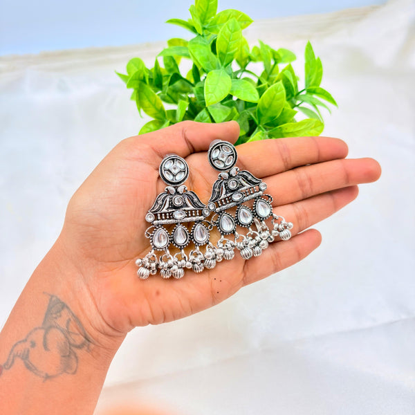 Oxidised Silver Earrings with White Stone & Ghungroo Drops