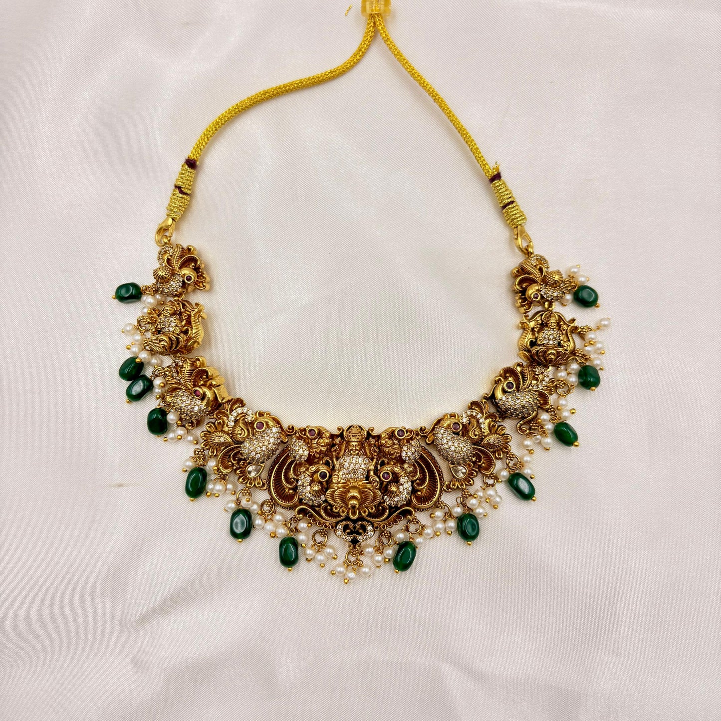 Antique Lakshmi Temple Necklace Set with Green Beads & Pearl Drops – Bridal Jewellery Set