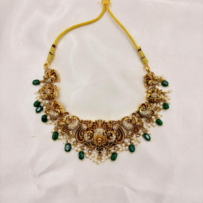 Antique Lakshmi Temple Necklace Set with Green Beads & Pearl Drops – Bridal Jewellery Set