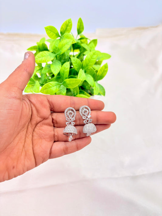 Silver Finish CZ Dome Jhumka Earrings