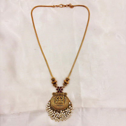 Antique Gold Lakshmi Temple Necklace with Pearl Cluster Pendant & Matching Earrings