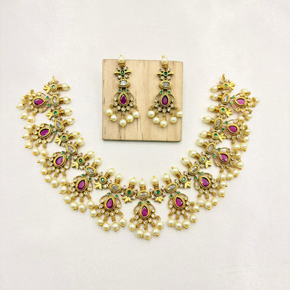 Temple Style Pink Kemp Stone Choker Necklace Set with Pearl Drops
