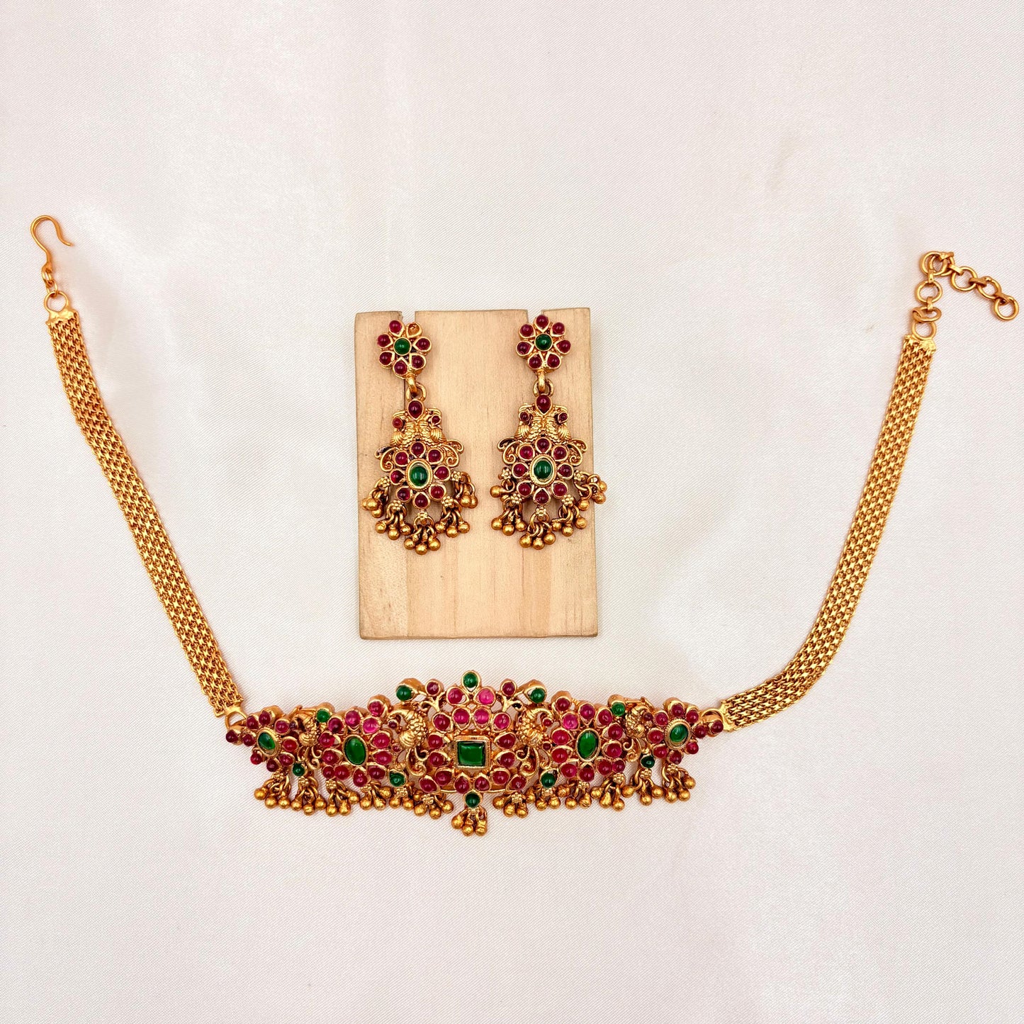 Antique Gold Temple Choker Necklace Set with Ruby & Emerald Stones