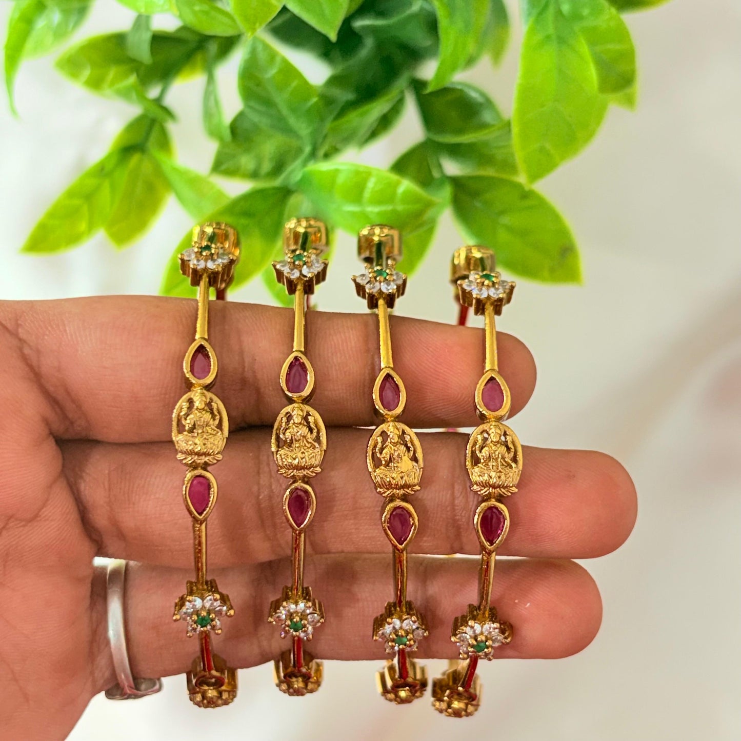 Temple Lakshmi Gold-Plated Bangles with Ruby & Green Stones – Traditional Bridal Wear (Set of 4)