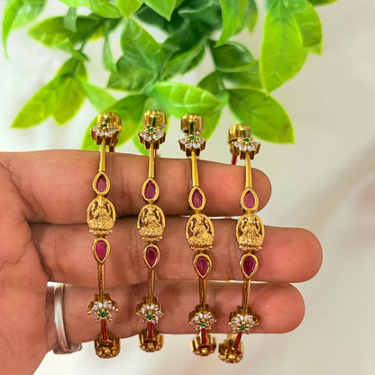 Temple Lakshmi Gold-Plated Bangles with Ruby & Green Stones – Traditional Bridal Wear (Set of 4)
