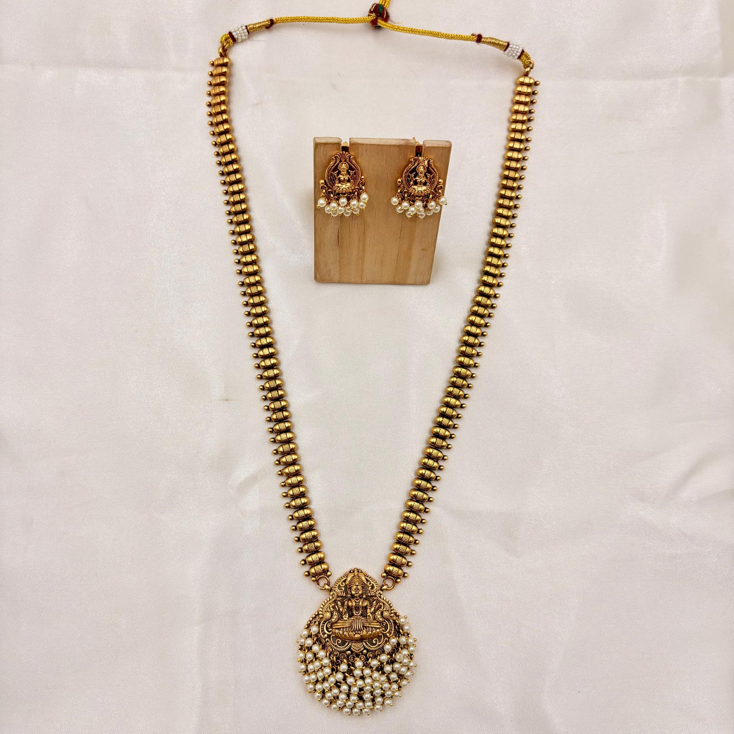 Traditional Long Lakshmi Kasu Mala with Pearl Cluster Pendant & Jhumka Set