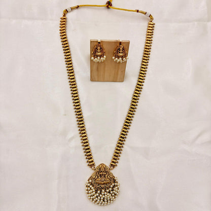 Traditional Long Lakshmi Kasu Mala with Pearl Cluster Pendant & Jhumka Set