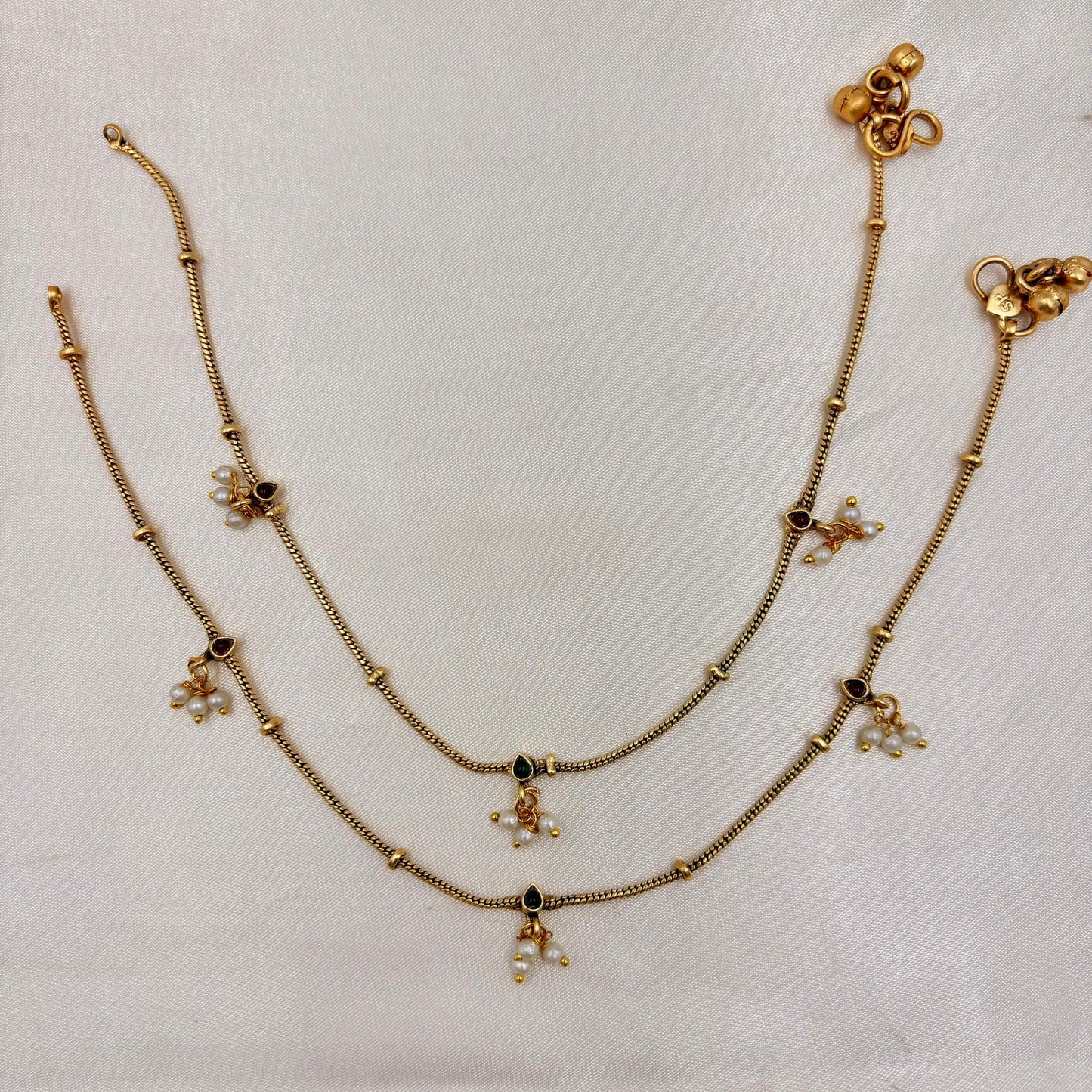 Antique Gold Dual-Stone Charm Anklet Pair with Pearl Clusters