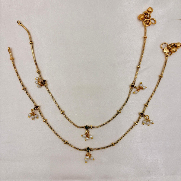Antique Gold Dual-Stone Charm Anklet Pair with Pearl Clusters