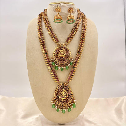 Antique Gold Mango Design Dual Long Haram Necklace Set with Lakshmi Pendant & Jhumkas
