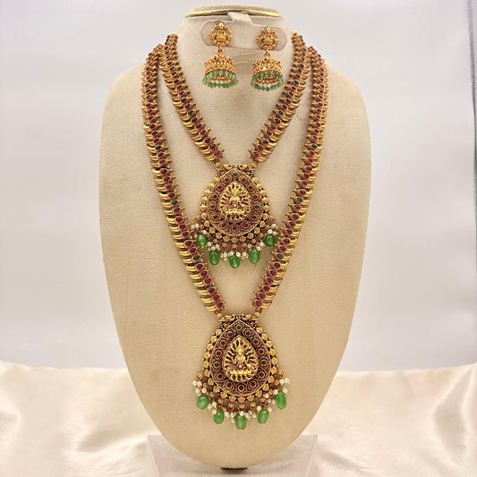 Antique Gold Mango Design Dual Long Haram Necklace Set with Lakshmi Pendant & Jhumkas