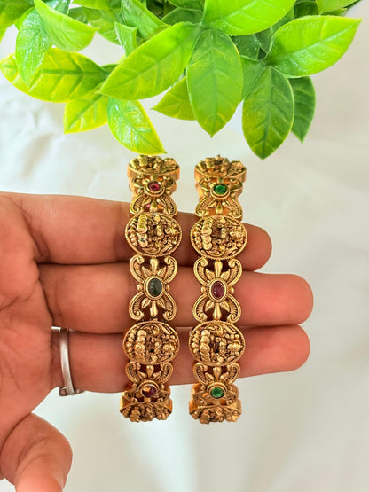 Antique Gold Temple Coin Bangles with Ruby & Green Stones – Traditional Bridal Bangles