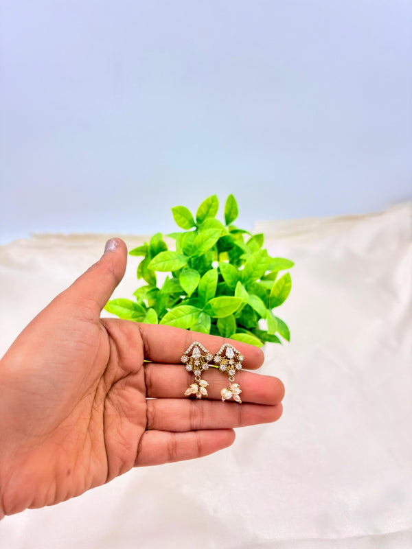 Gold Floral Stud Earrings with Pearl Drop