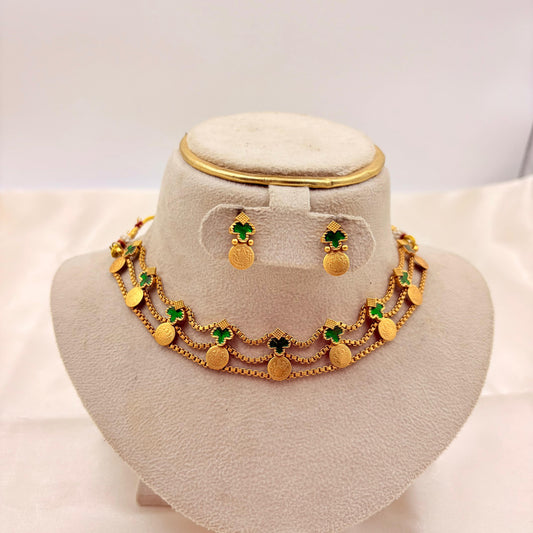 Traditional Green Coin Choker Necklace Set | Temple Jewellery Design