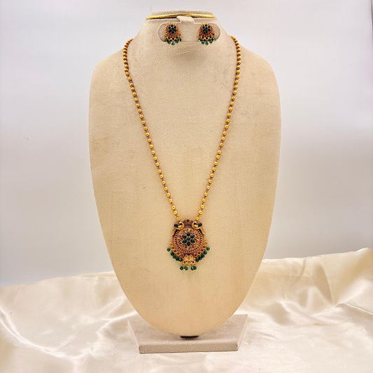 Antique Gold Finish Long Necklace with Green Stone Pendant & Stud Earrings