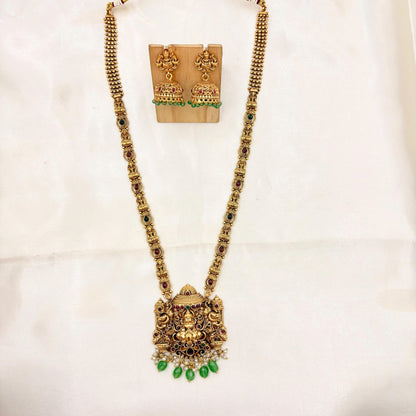Antique Gold Finish Lakshmi Temple Necklace with Green Bead Drops & Matching Jhumka Earrings