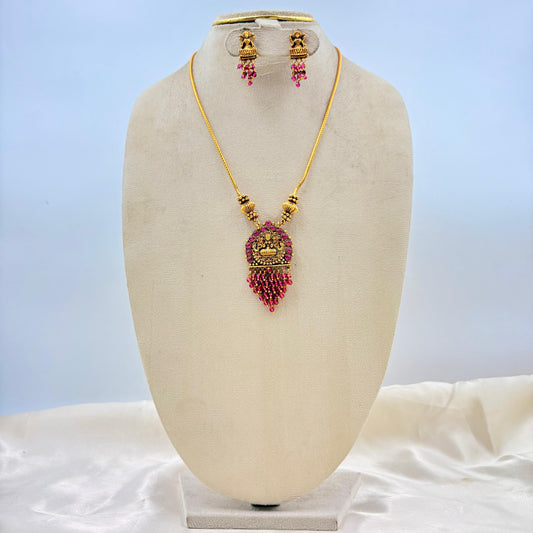 Antique Gold Finish Temple Pendant Necklace with Pink Beads & Matching Earrings