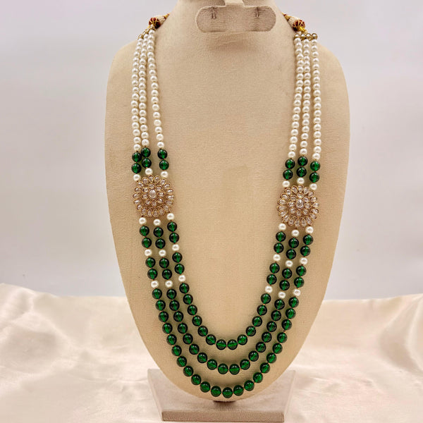 Layered Pearl & Emerald Green Bead Long Necklace with Kundan Floral Spacers