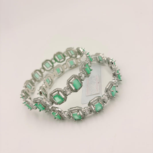Silver-Plated Mint Green Stone Bangles with CZ Diamonds – Elegant Partywear Bangle Set (Set of 2)