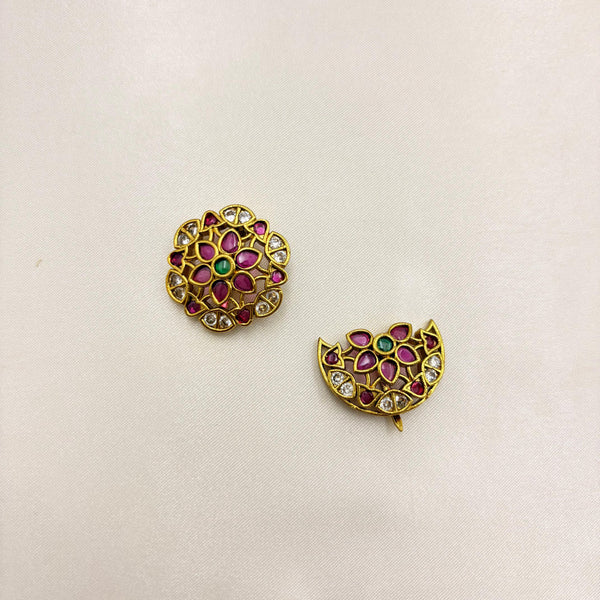 Traditional Sun & Moon Stone Hair Accessory (Chandram & Surya Pin) – Antique Gold Temple Jewellery