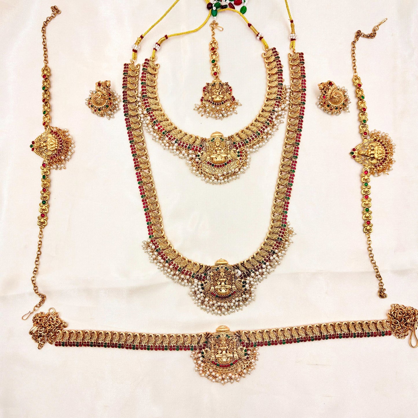 Grand South Indian Bridal Temple Jewellery Set with Goddess Lakshmi Motifs & Vaddanam
