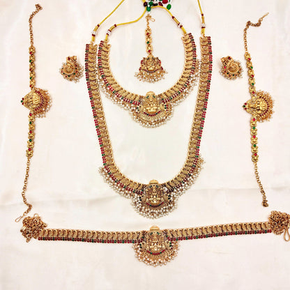Grand South Indian Bridal Temple Jewellery Set with Goddess Lakshmi Motifs & Vaddanam