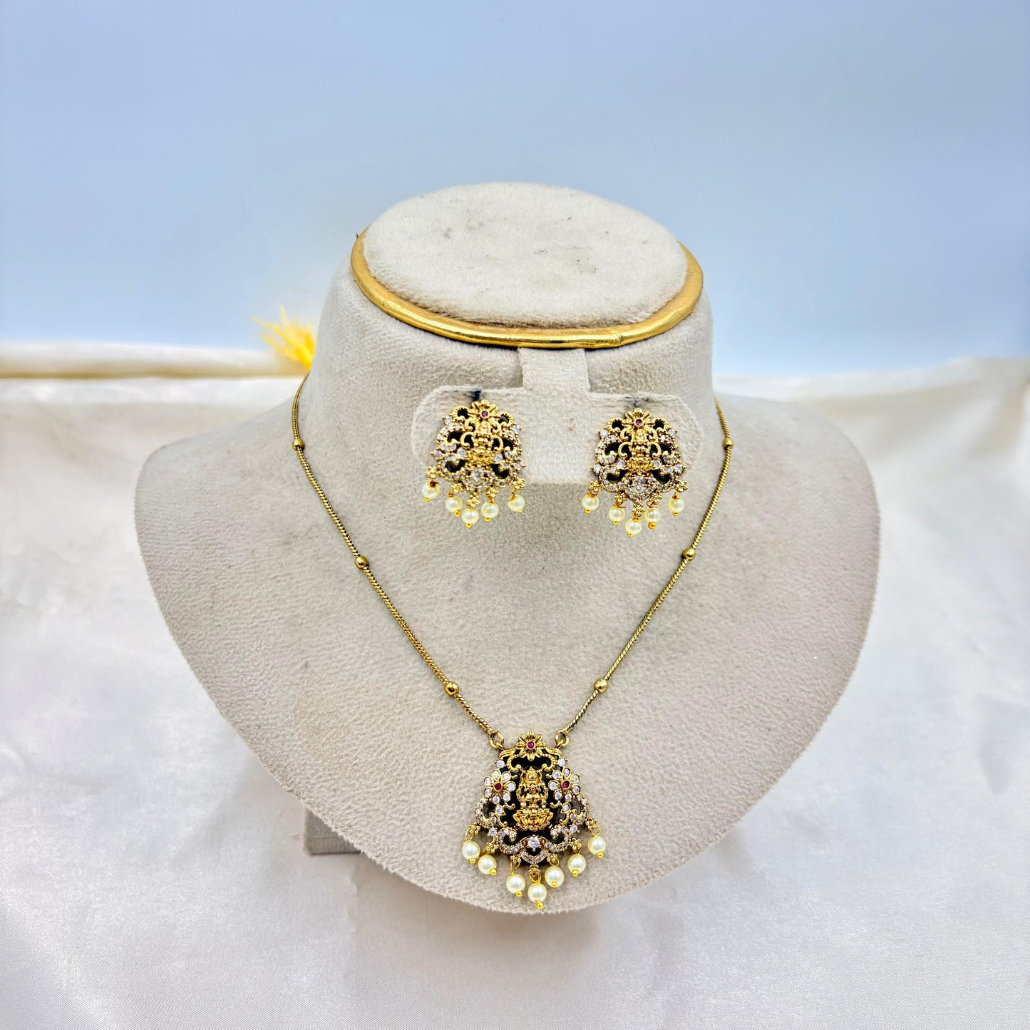 Antique Gold Lakshmi Temple Necklace Set with Pearl Drops